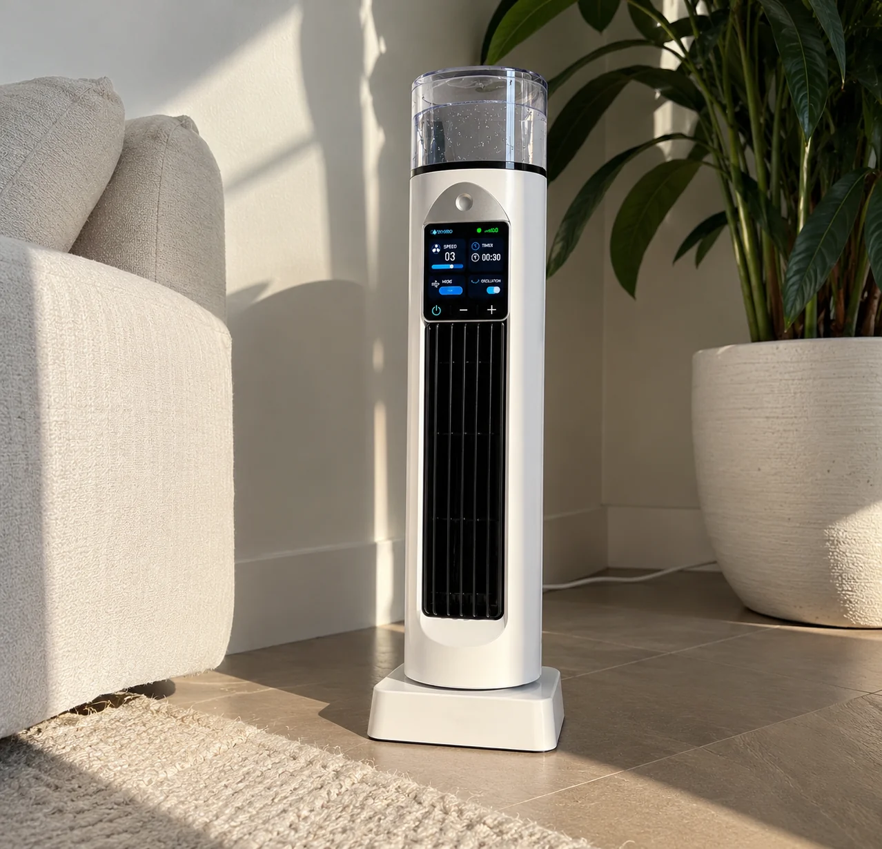 Climair PRO ao lado de um sofá e uma planta na sala