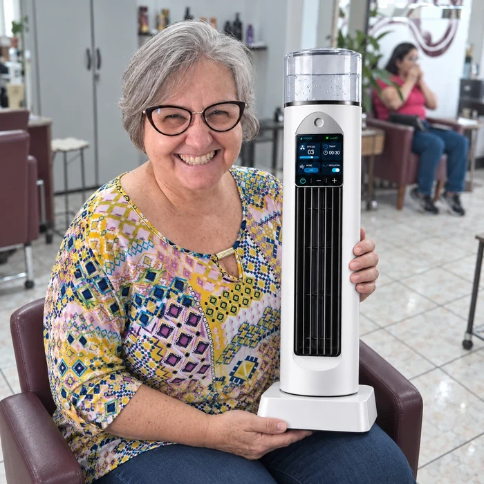 Mulher sorrindo e segurando o Climair PRO